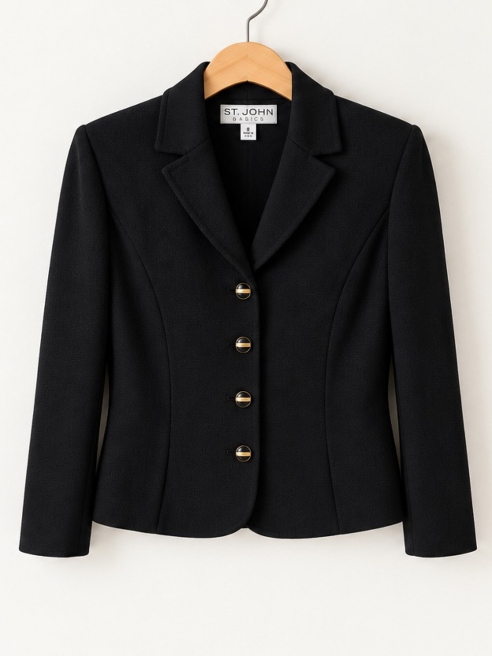 St. John Black Ribbed Knit Button Front Notch Lapel Cardigan Blazer Jacket Sz. 8